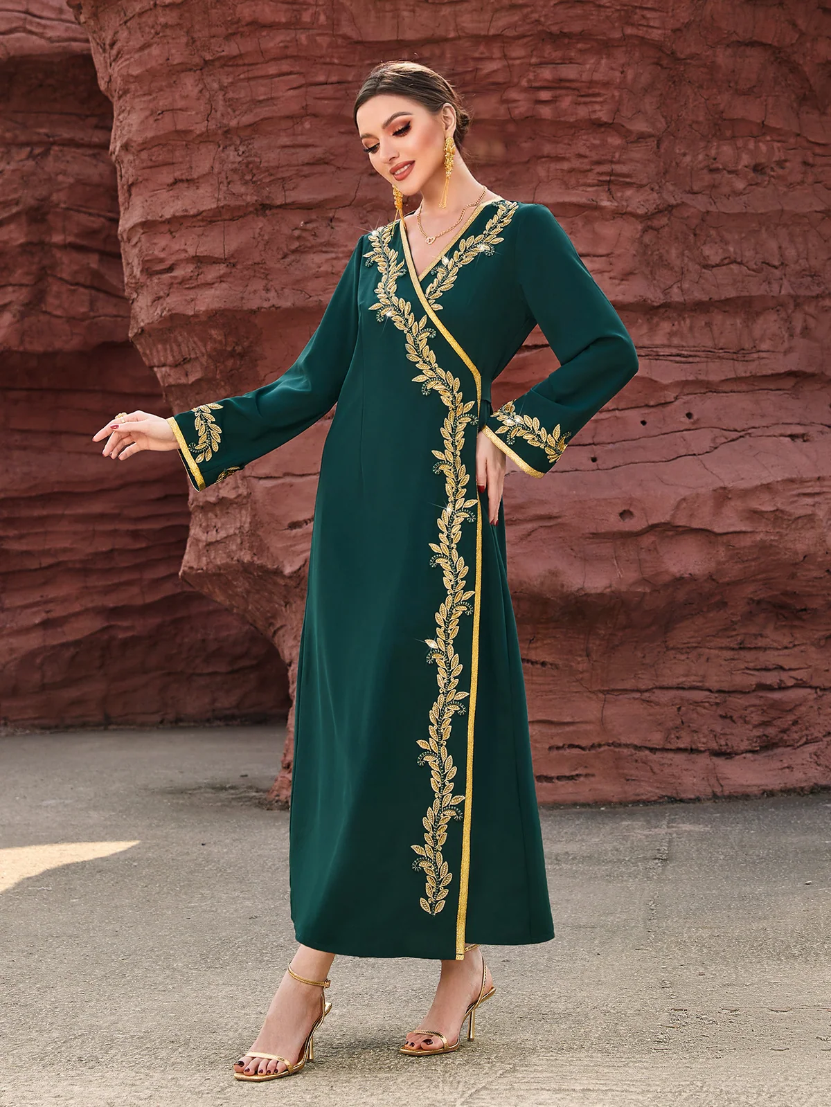 Dark Green Gold-Trim Wrap Maxi Dress