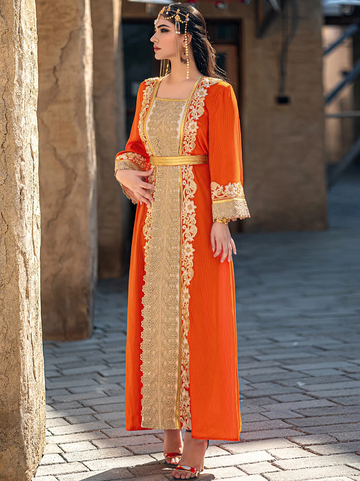 Orange Gold-Embroidered Maxi Dress