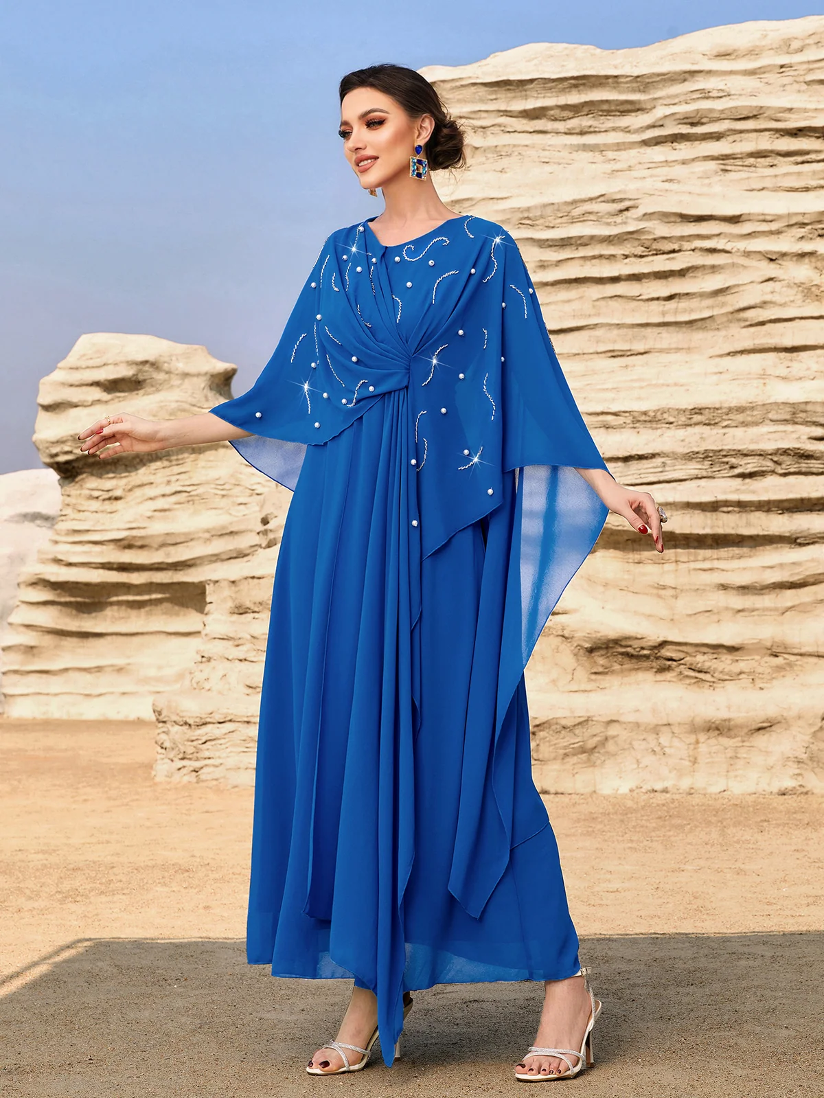 Blue Beaded Cape-Sleeve Maxi Dress