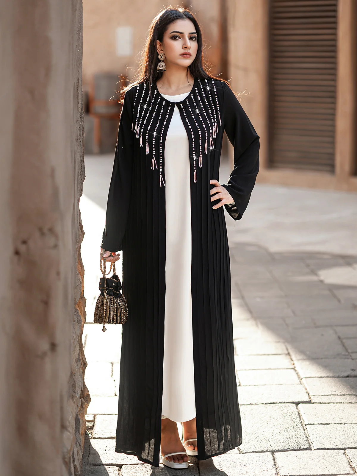 Black Rhinestone-Trim Open Abaya