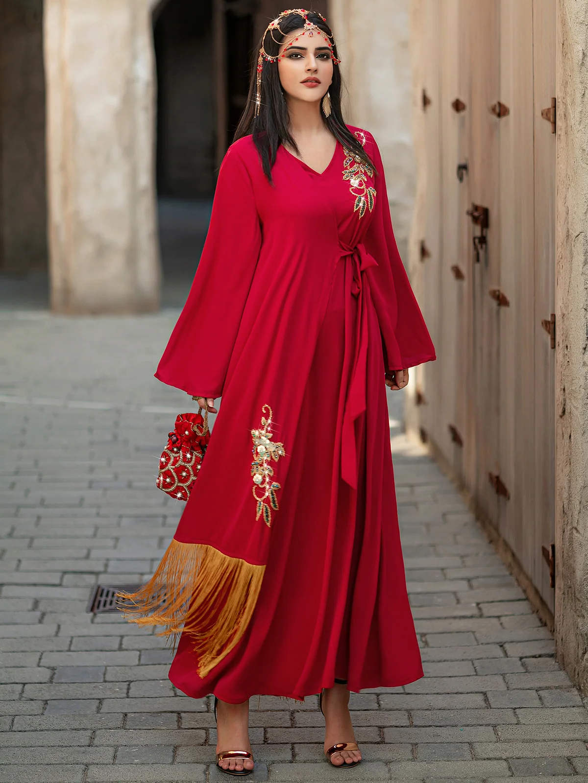 Red Embroidered Flared-Sleeve Maxi Dress