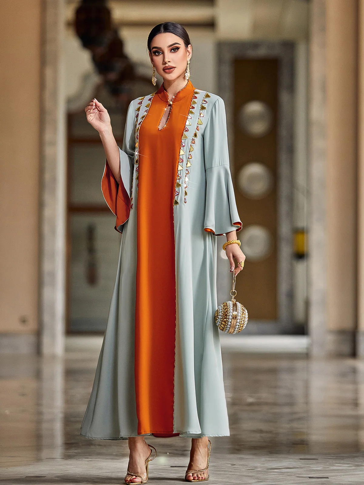 Grey and Orange Color-Block Beaded Dress