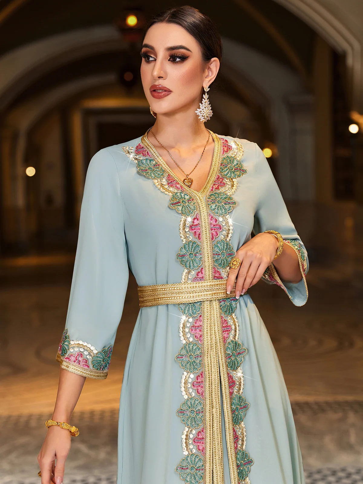 Light Green Embroidered-Trim Maxi Dress