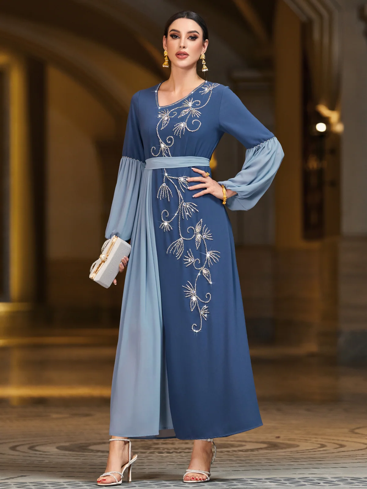 Navy Embroidered Color-Block Maxi Dress