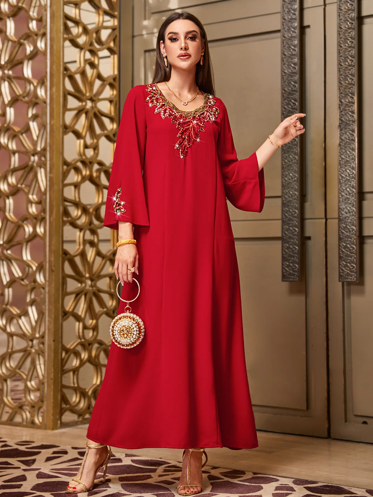 Red Embroidered Long-Sleeve Maxi Dress