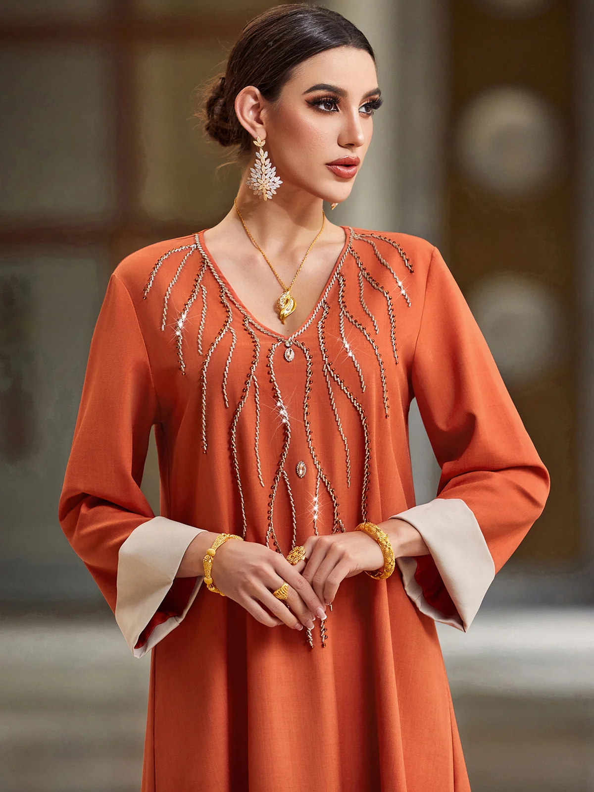 Orange Beaded V-Neck Maxi Dress