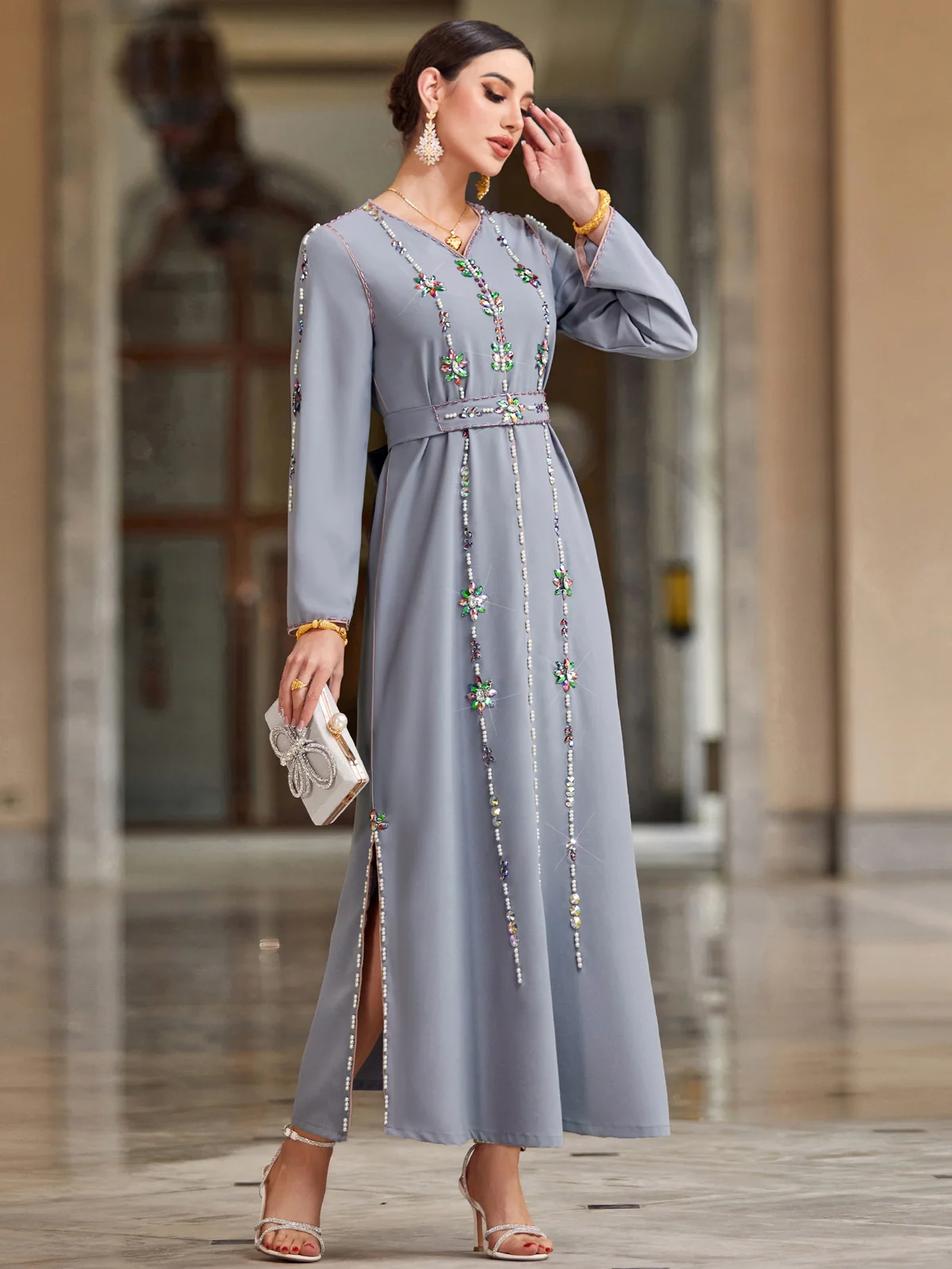 Grey Beaded Side-Slit Maxi Dress