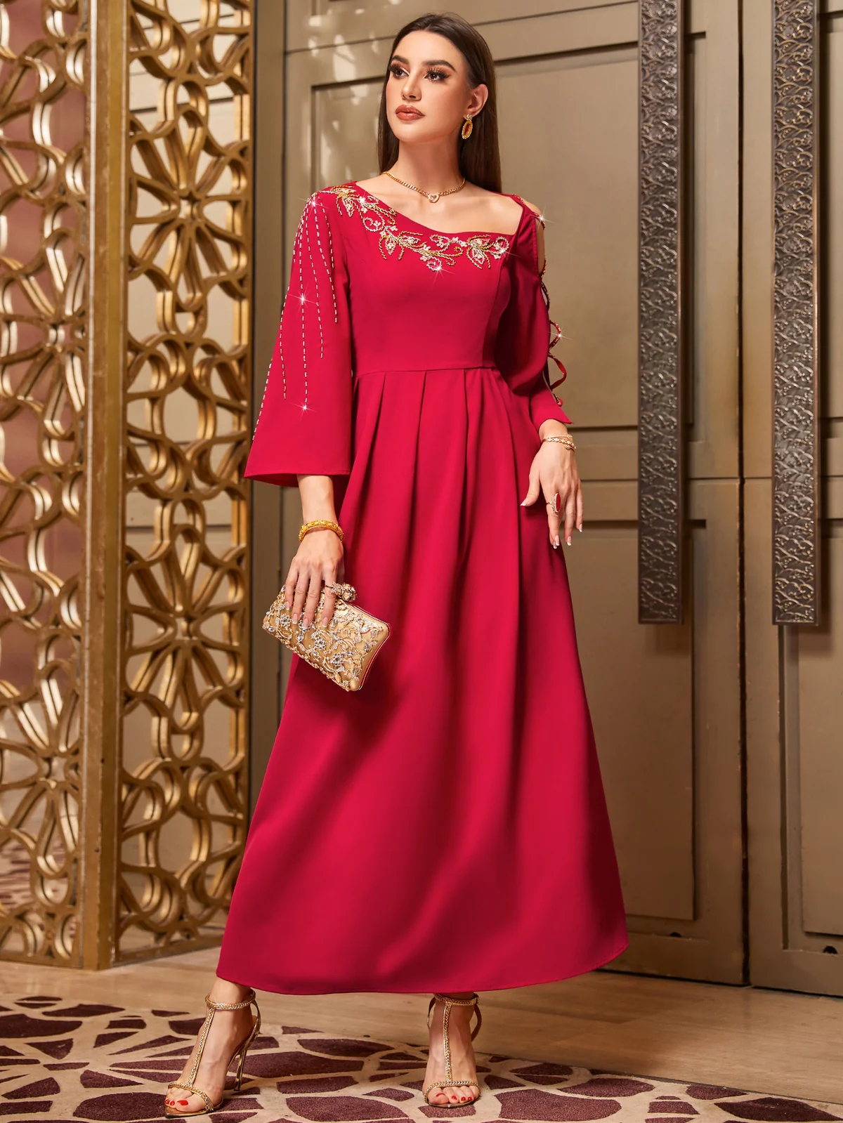 Red Embellished-Neckline Maxi Dress