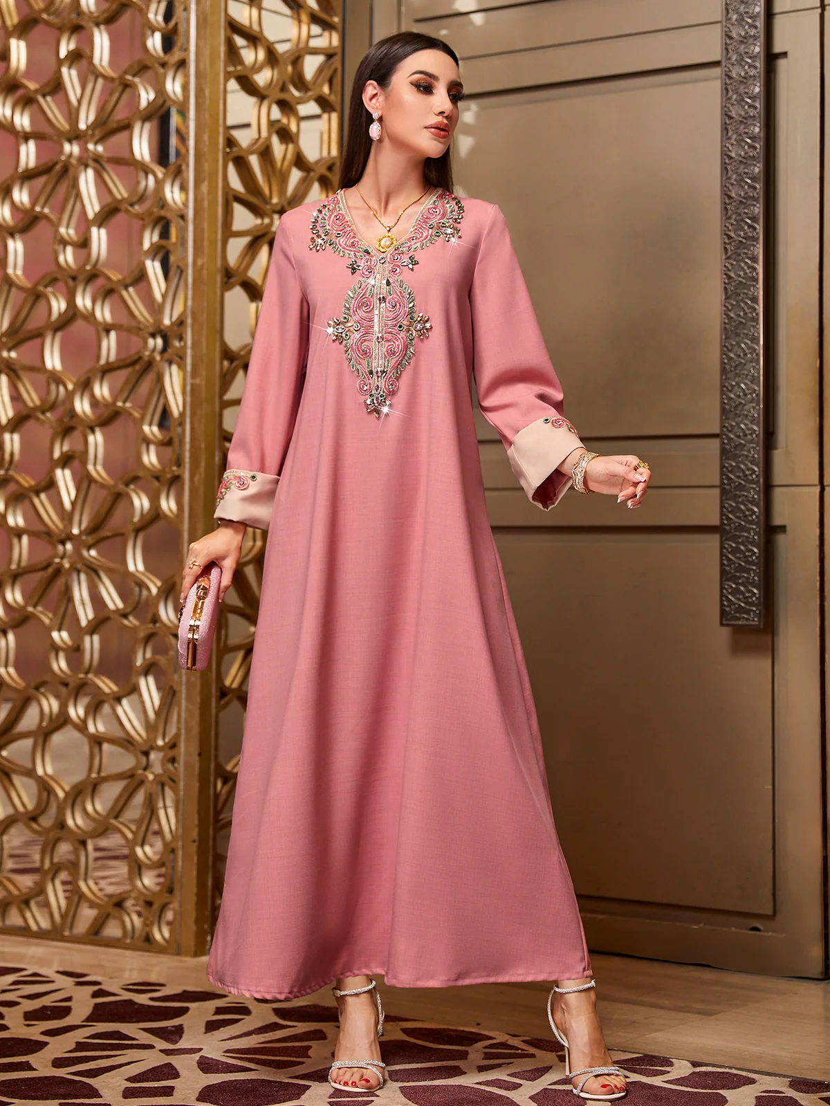 Pink Embroidered-Neckline Maxi Dress
