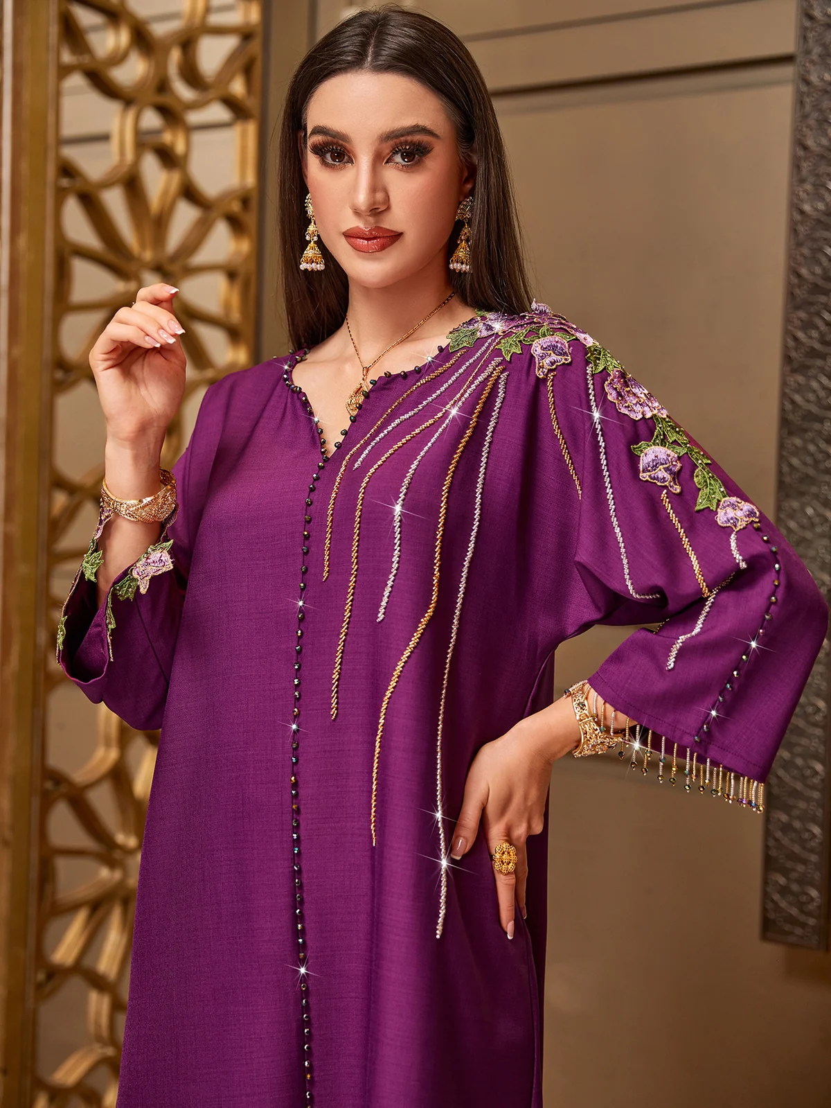 Embroidered-Sleeve Beaded Dress