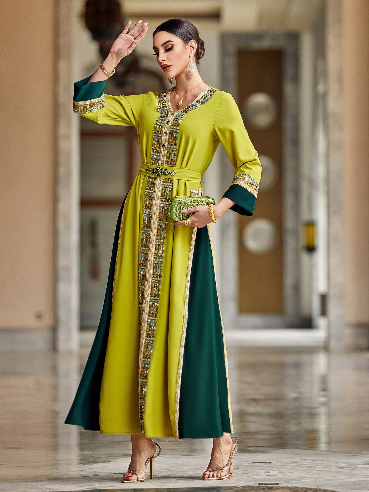 Green Color-Block Beaded Maxi Dress