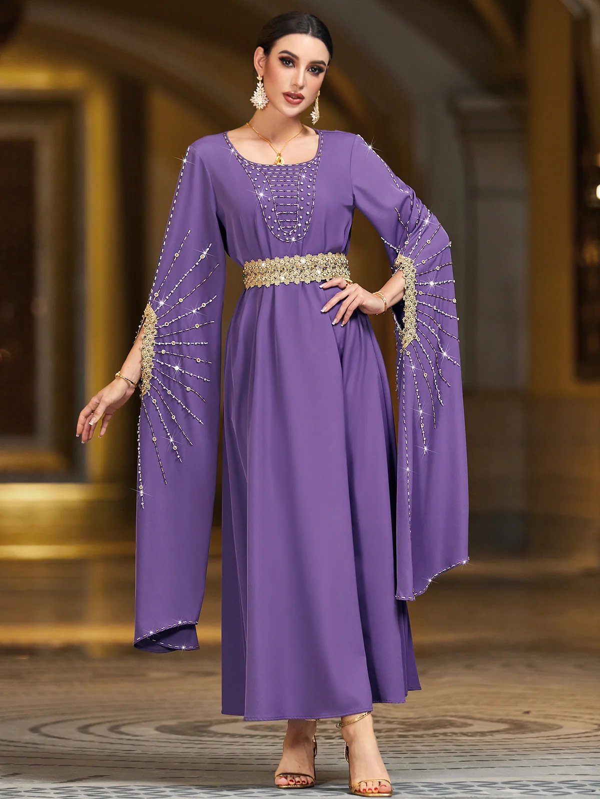 Purple Beaded Flared-Sleeve Maxi Dress