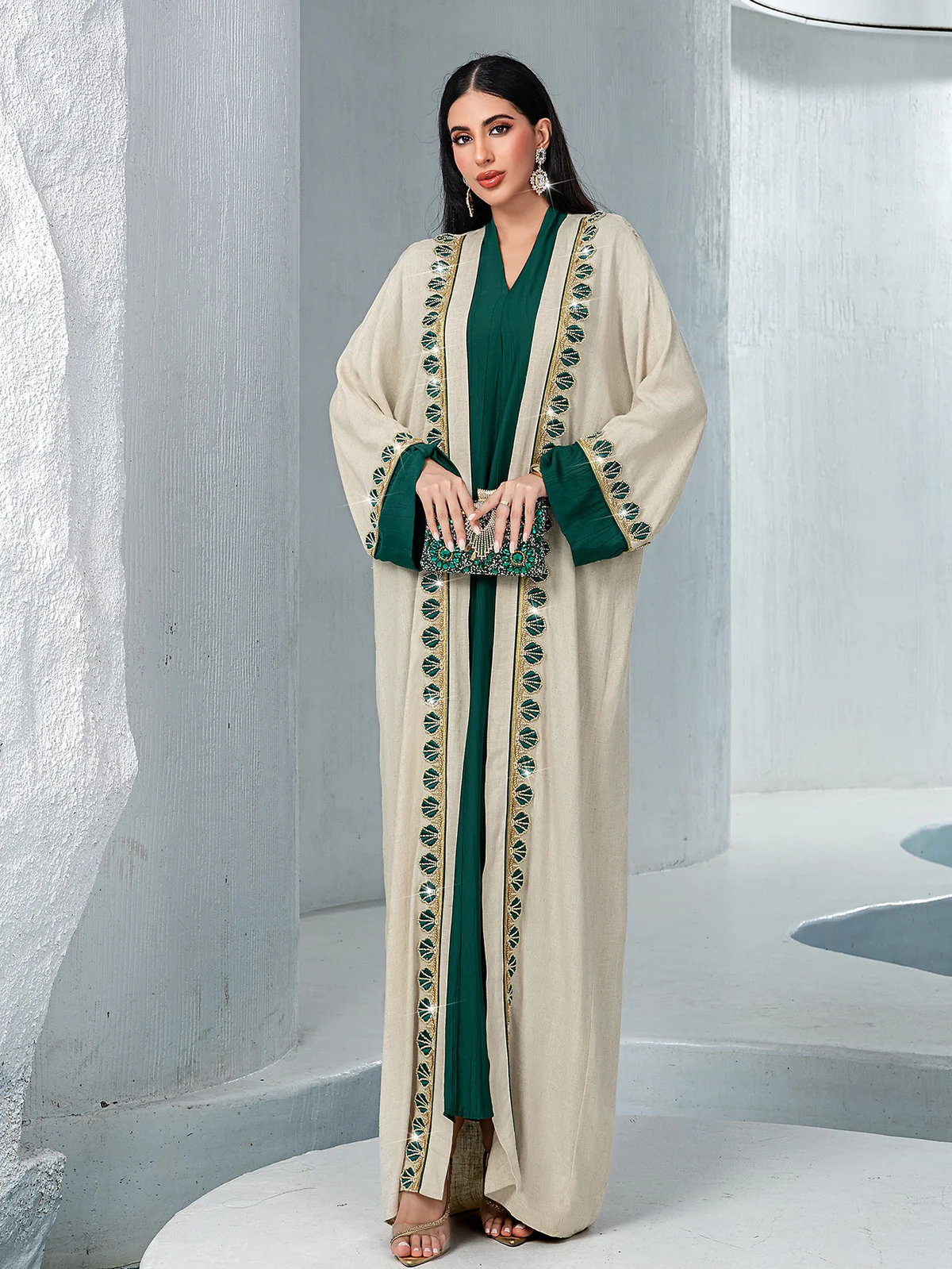 Beige Green-Embroidered Open Abaya