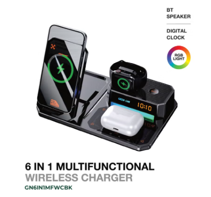 Green Lion 6 In 1 Multifunctional Wireless Charger with Bluetooth 5.3 Speaker, 20W Speaker, 15W Wireless Charging, Digital Clock & RGB Light - Black
