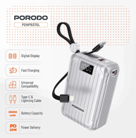 Porodo Petite 20000mAh Power Bank with Integrated Type-C & Lightning Cable - Silver