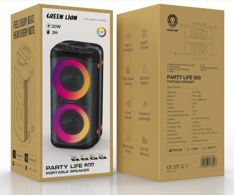 Green Lion Party Life 600 Portable Bluetooth Speaker, 20W, Dual 5" Drivers, RGB Lighting, TWS Stereo, 3600mAh Battery, Black
