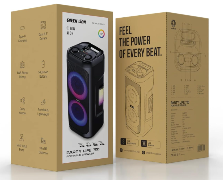 Green Lion Party Life 700 Portable Speaker, 60W, Dual 6.5" Drivers, RGB Lighting, 5400mAh Battery, Bluetooth 5.4, TWS Stereo