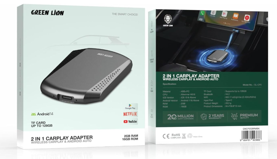 Green Lion 2 In 1 Carplay Adapter Wireless Carplay & Android Auto, Android 14, 16Gb ROM, Dual-Band Wifi & Bluetooth, OTA Upgrade, USB Type-C Input Port, Wide Compatibility - Black (2GB RAM)