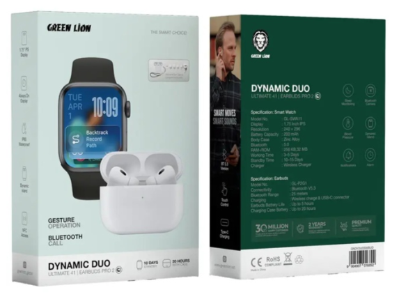 Green Lion Dynamic Duo Ultimate 41 Smartwatch, 1.75 inches IPS Display + Earbuds Pro 2, Black, GNDYDUOSWBUD
