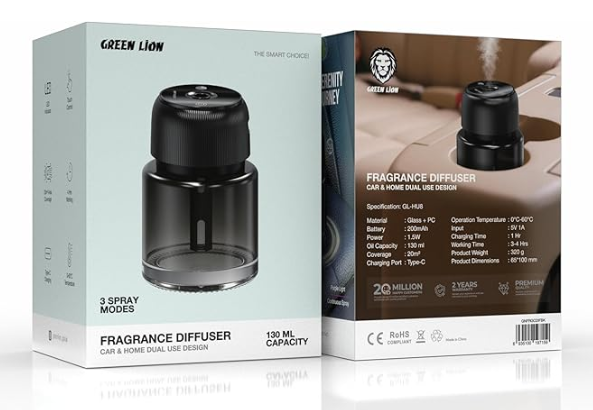 Green Lion 130ml Fragrance Diffuser, 3 Spray Modes, Touch Control & LED Display, 4H Runtime, 20m² Coverage, Silent Operation, 200mAh Quick Charge, 1.5W Portable Aroma Diffuser for Home & Office