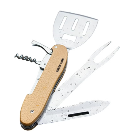 Multifunction 5 in 1 BBQ Tool Set, Folding Space Saving Design Good for Camping & Outdoors, 5 in 1 Tool (Grill Tuner, BBQ Fork, Corkscrew, Bottle Opener) with Ergonomic Grip, Stainless Steel Material,