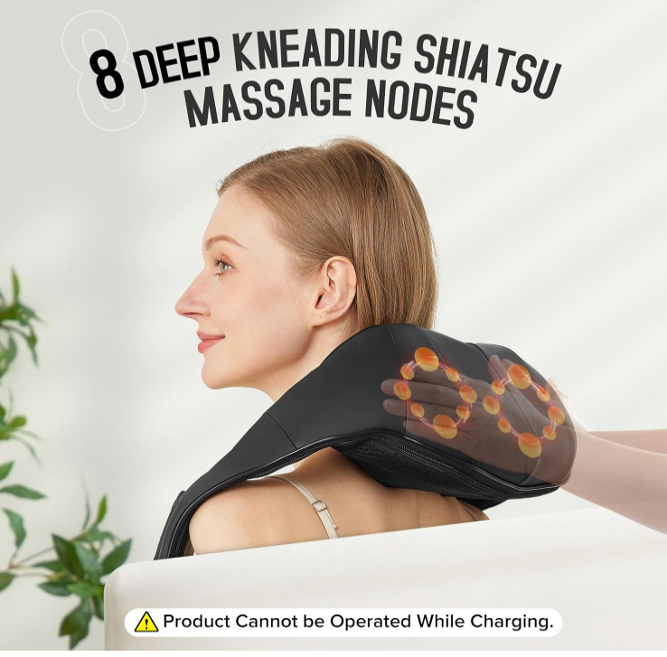 Cordless Shiatsu Neck and Shoulder Massager, Back Massager with Heat,Massage Deeper Tissue 4D Kneading Massage for Shoulder, Neck and Back, Use at Home, Office, Car - Fathers Day Dad Gift, Deep Black