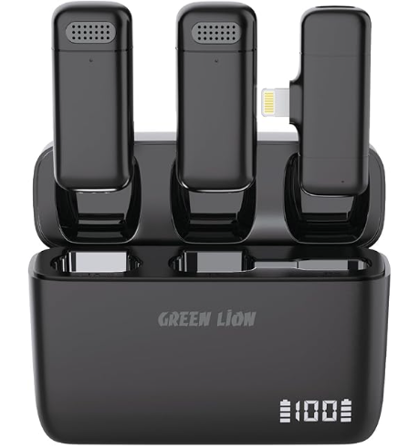 Green Lion GM-85X 3 In 1 Wireless Microphone, LED Display, 6H Working Time, USB-C/Lightning Head/Camera Receiver, Noise Reduction/Reverb/Silent Mode (Duo Cast Wireless Mic)