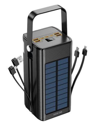 Green Lion 100,000mAh Solar X Power Bank PD 20W, Solar PowerBank with BuiltIn Cables (USB-A/2xUSB-C/Lightning) & Flashlight, USB-C & Lightning Input & Output, 4xUSB-A & 1xUSB-Micro Outputs, Digital Display, Port