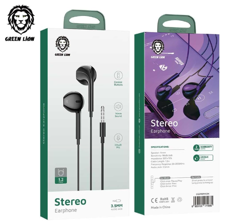 Green Lion Stereo Earphones 3.5mm with Built-In Mic - Black