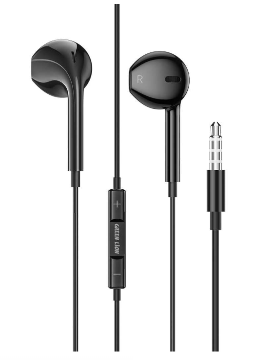 Green Lion Stereo Earphones 3.5mm with Built-In Mic - Black