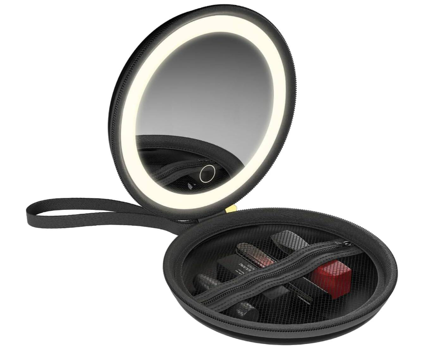 Green Lion, Mini Makeup Pouch with LED Mirror 36 Lights, USB Rechargeable Travel Cosmetic Organizer Touch Control, Black