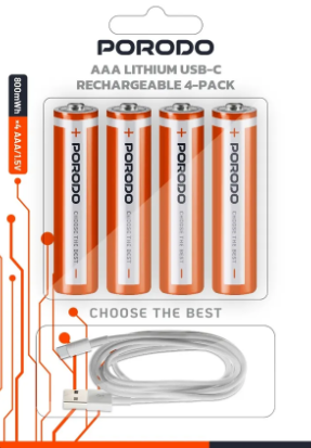 Porodo Aaa (4 Pcs) Rechargeable Lithium Battery 800Mwh With 4In1 Type C Charging Cable