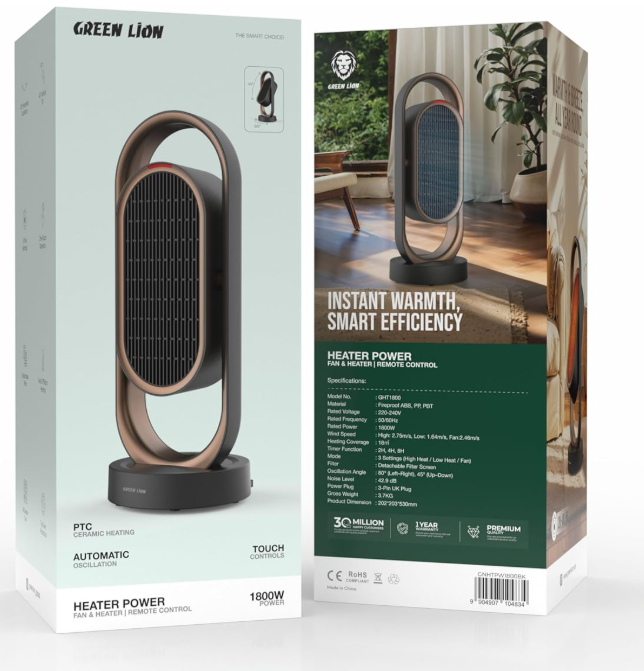 Green Lion Fan Heater 1500W, Electric Room Heater & Fan, Remote Control, Quiet, 2 Heat Settings, Timer, Oscillation, Safety Lock, Overheat & Tip Over Protection, Heater for Home, Office, Bedroom
