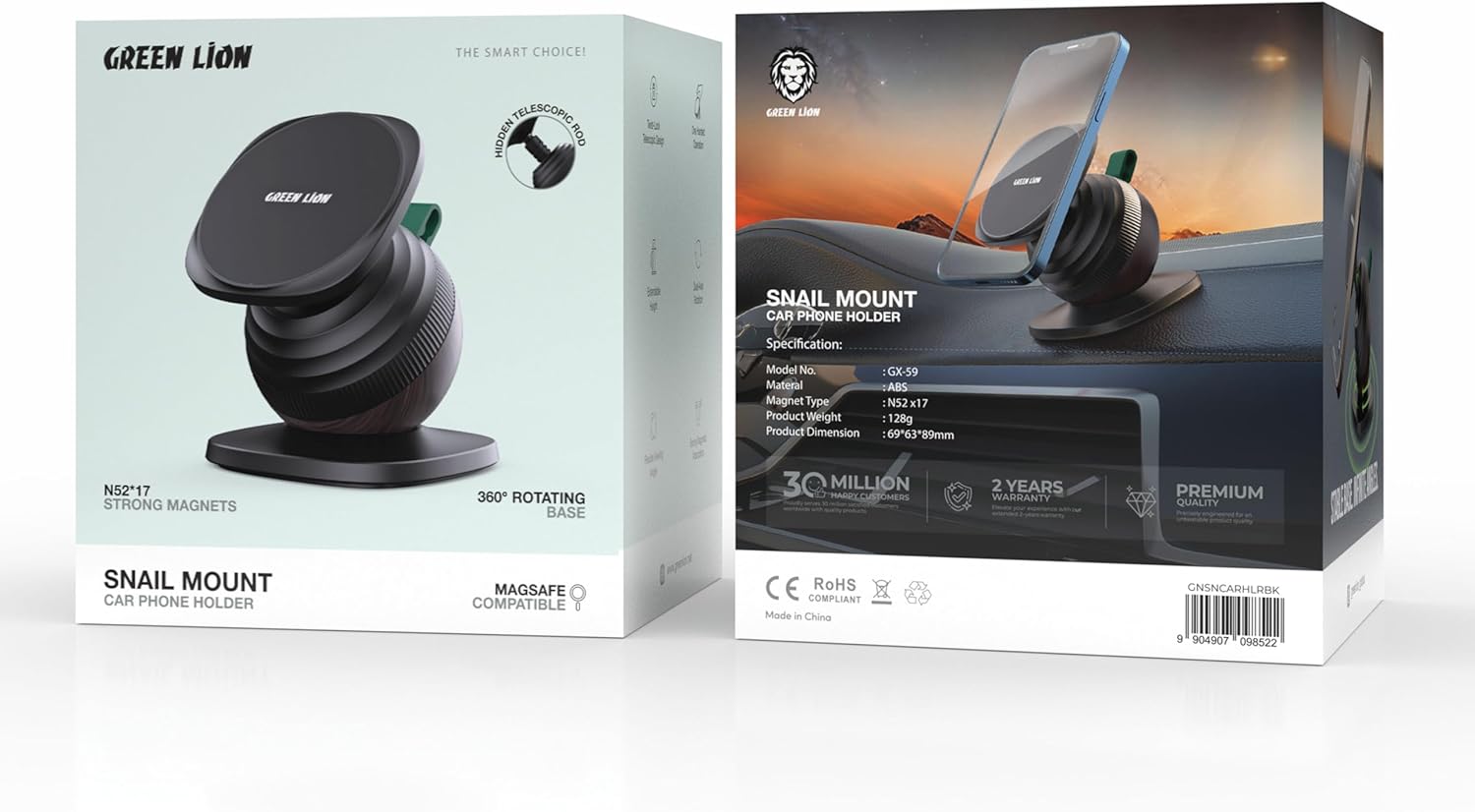 Green Lion Snail Mount Car Phone Holder with 360° Rotating Base, Compatible with MagSafe, Twist-Lock Telescopic Rod, Extendable Height, Best Car Phone Holder for iPhone 17/16/15, S25/S24/S23 – Black