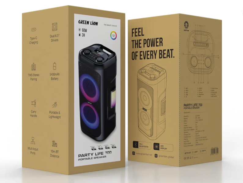 Green Lion Party Life 700 Portable Speaker, 60W, Dual 6.5" Drivers, RGB Lighting, 5400mAh Battery, Bluetooth 5.4, TWS Stereo
