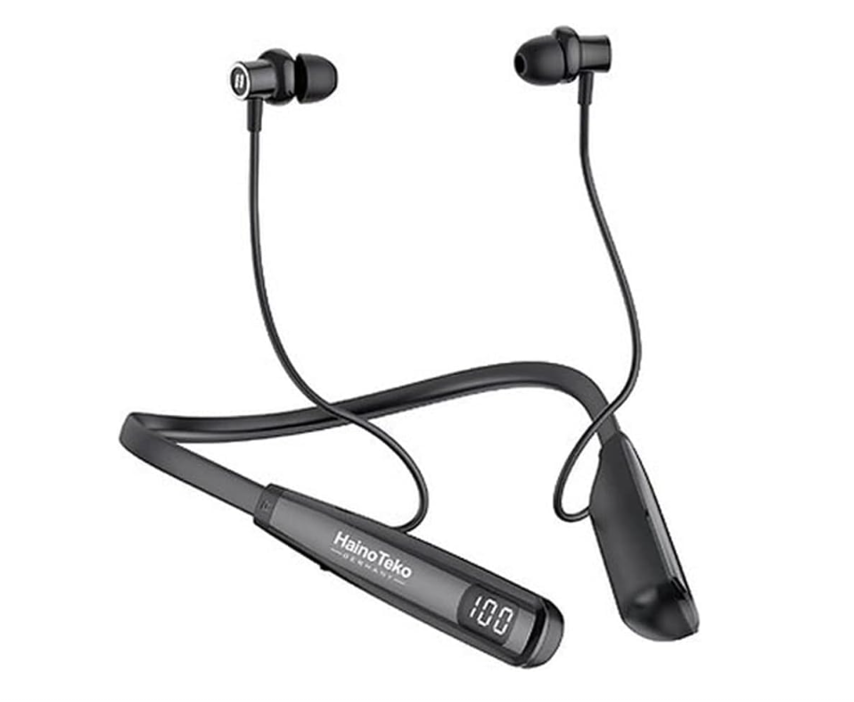 HainoTeko HN-80 Wireless Neckband Bluetooth Earphones with 80 Hours Playtime, Deep Bass, Magnetic Earbuds, LED Display, Fast Charging & HD Mic for Calls Black