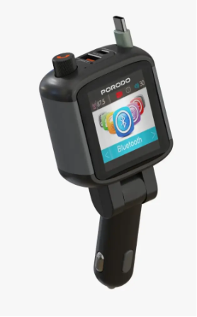 Porodo Voltrush Multi-Port USB Car Charger with TFT Display & Recractable Cable - Black