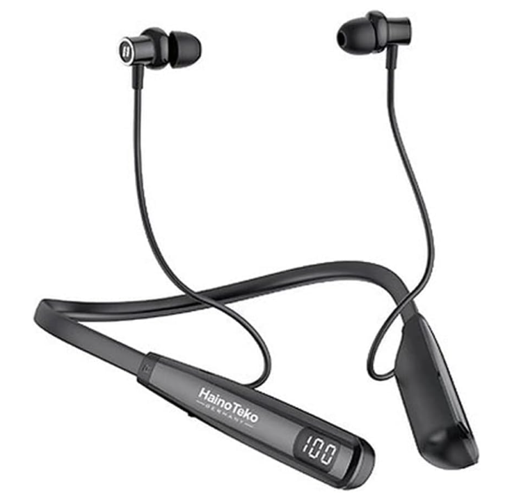 HainoTeko HN-80 Wireless Neckband Bluetooth Earphones with 80 Hours Playtime, Deep Bass, Magnetic Earbuds, LED Display, Fast Charging & HD Mic for Calls Black