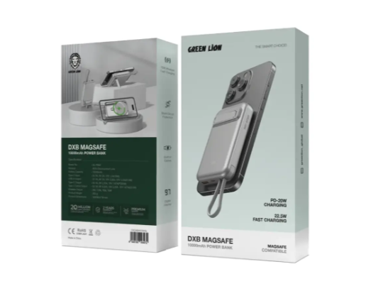 Green Lion DXB MagSafe 10000mAh Power Bank with Digital Display, Built-in Cables, 15W Wireless Fast Charging, Short Circuit Protection - Silver