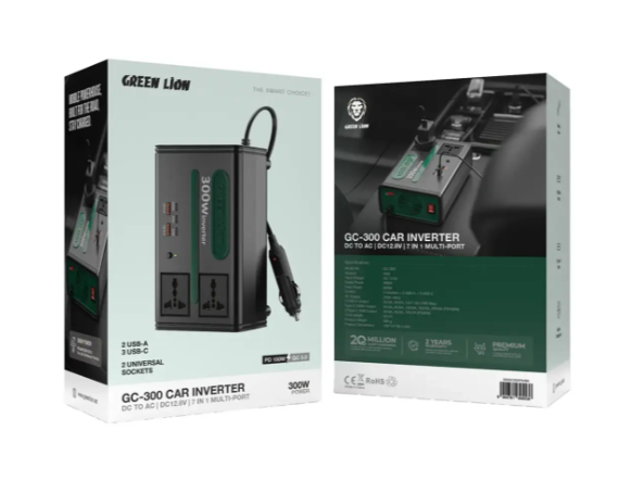 Green Lion GC-300 Car Inverter with 300W Power, 7-in-1 Multiport, Built-in Cooling Fan, Safety Fuse, 220V AC Output, 50cm Cord Length, DC 12.8V Input Voltage - Black