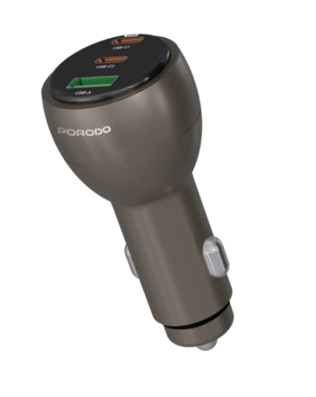 Porodo Valtro 130W Multi-Port Car Charger, Ultra-Fast Power Delivery 100W USB-C and 18W QC Quick Charge USB-A Adapter, Heavy-Duty Aluminum Alloy Cigarette Lighter Charger for iPad, iPhone, Brown
