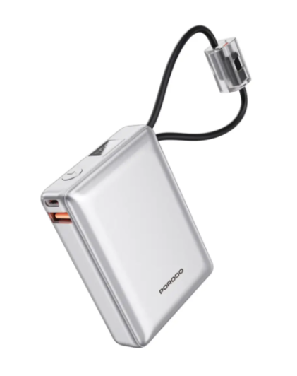 Porodo Petite 10000mAh Power Bank with Integrated Type-C & Lightning Cable - Silver