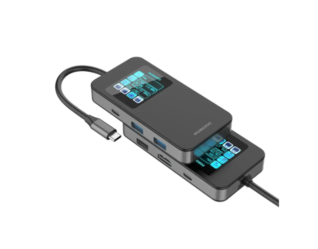 Porodo 6-In-1 Multi-Port USB-C Hub with Smart Digital Display - Gray