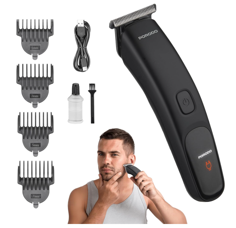 Porodo T-Blade Compact Trimmer for Face & Hair, Comfortable Shave, Precise Blades, 60min Cordless Use, Ergonomic Grip, Included Cable + Oil + Cleaning Brush + Attachment Combs (1/3/5/7mm) – Black