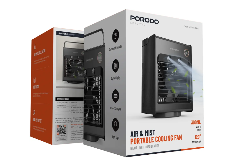 Porodo Lifestyle Air & Mist Portable Cooling Fan With Night Light