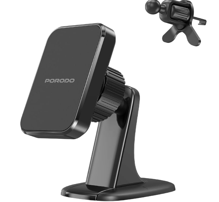 Porodo Dual Mount Magnetic Phone Holder, Dash & Air Vent Mount, Adjustable Viewing Angle, Multi-Surface Mounting, Strong Magnetic Hold, N52 Magnet Type, Strong Mangetic Holder - Black