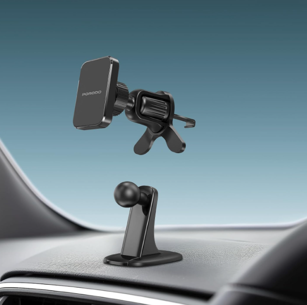 Porodo Dual Mount Magnetic Phone Holder, Dash & Air Vent Mount, Adjustable Viewing Angle, Multi-Surface Mounting, Strong Magnetic Hold, N52 Magnet Type, Strong Mangetic Holder - Black