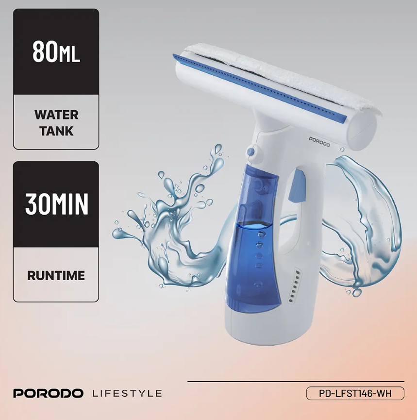 Porodo Lifestyle Cordless Window Vacuum Cleaner with Dual-Tank Design, Up to 30 Minutes of Working Time, 1kPa Suction Power, Spray, Wipe & Vacuum Dry Functions, 9W Rated Power – White