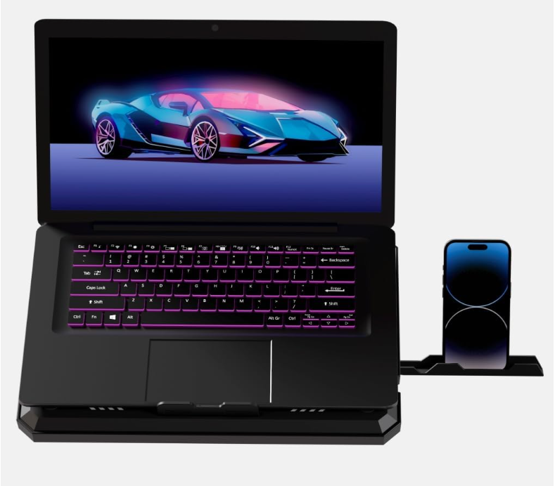 Porodo Gaming Crystal Shell Laptop Cooling Pad With Phone Holder, Dual High-Speed Fans, 8-Level Adjustable Height, RGB Lighting, Anti-Slip Base, USB-A & USB-C Ports, Compatible with 10-17” Laptops