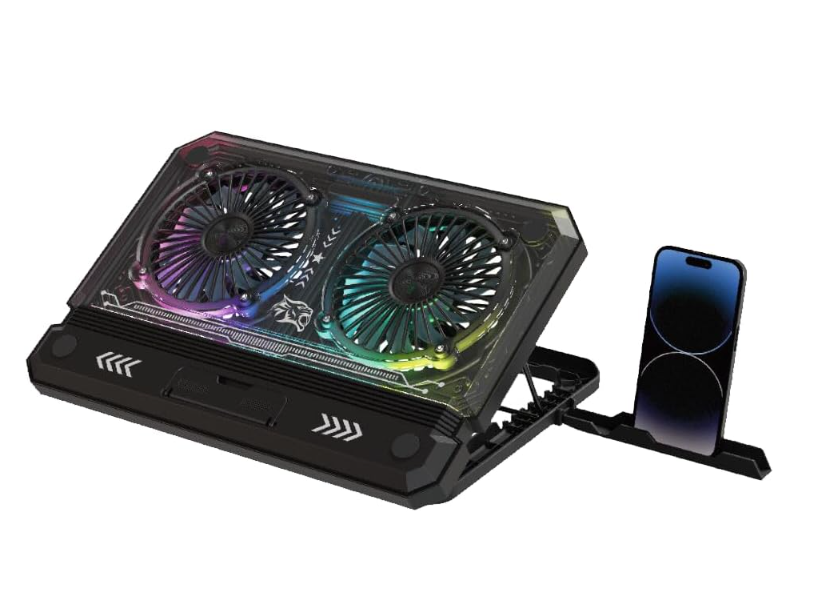 Porodo Gaming Crystal Shell Laptop Cooling Pad With Phone Holder, Dual High-Speed Fans, 8-Level Adjustable Height, RGB Lighting, Anti-Slip Base, USB-A & USB-C Ports, Compatible with 10-17” Laptops